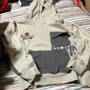 Cream and Gray Pullover Hoodie with Text Design